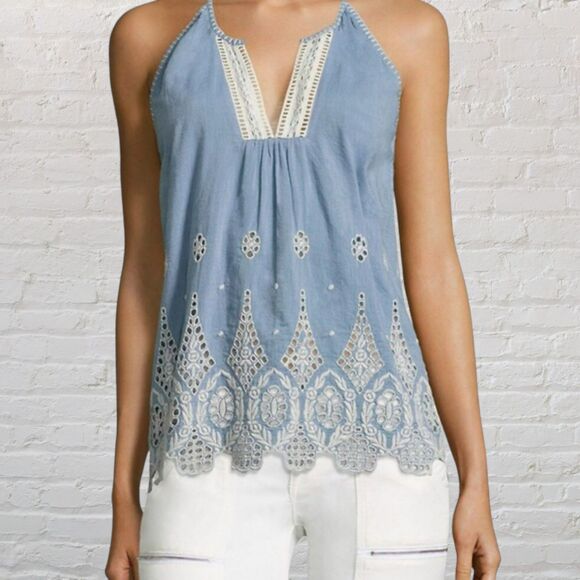 Joie Josepe Halter Top Size S Chambray Embroidered Crochet Scalloped Cotton - Picture 1 of 12